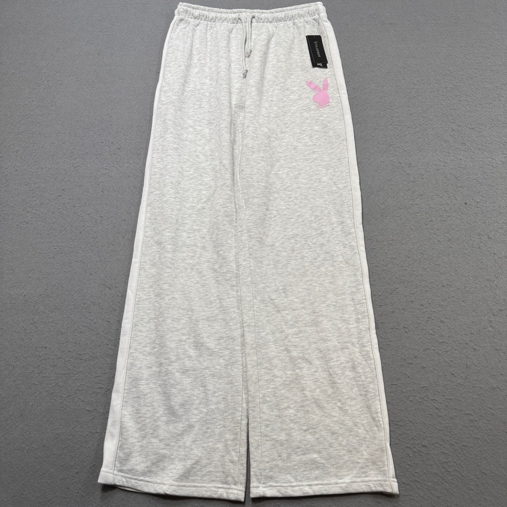 NEW Playboy Sweatpants Women's Medium Gray Pink Bunny Wide Leg Baggy Fit Lounge